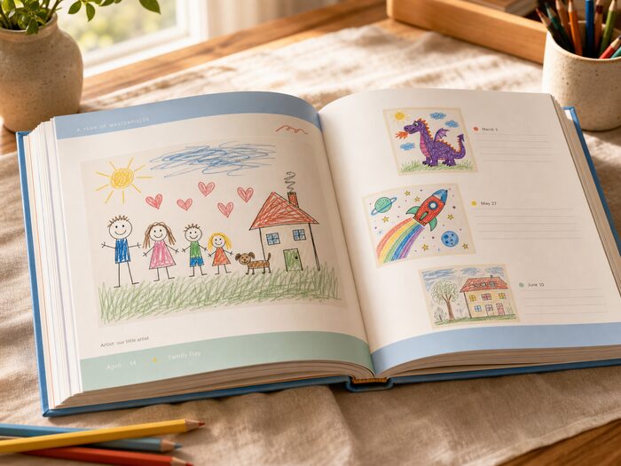 Design mockup of a hardcover spread with a family portrait full page beside a dated list of other pieces