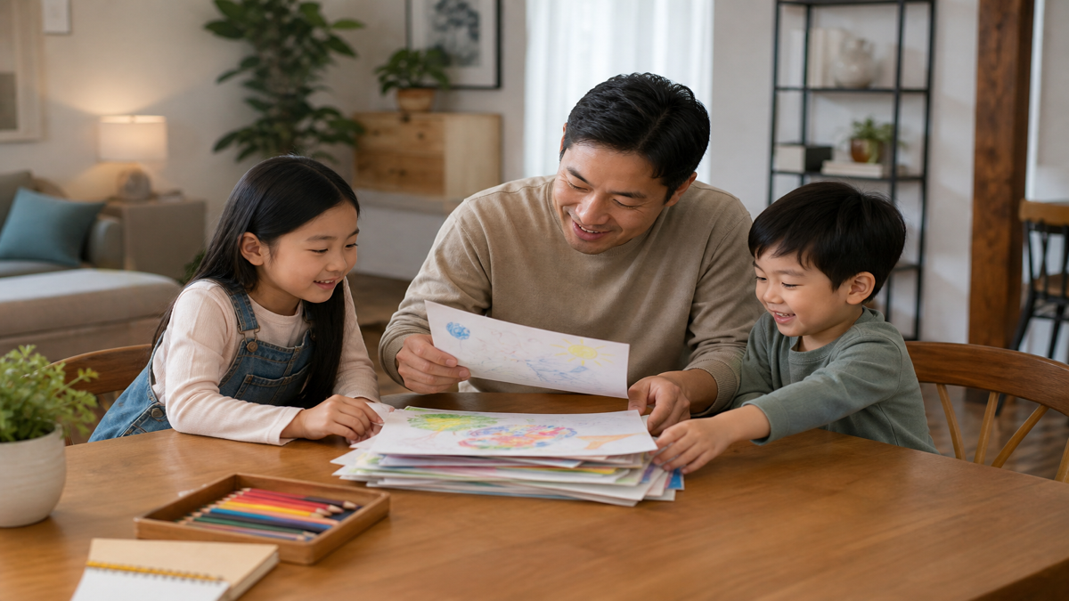 A father with two children organizing a stack of artwork at the table