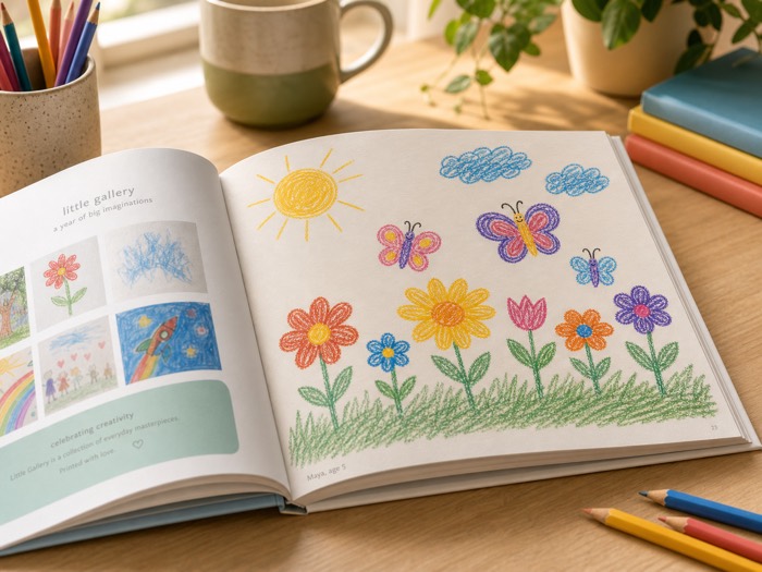 Design mockup of an open keepsake spread showing the flower garden drawing printed and bound