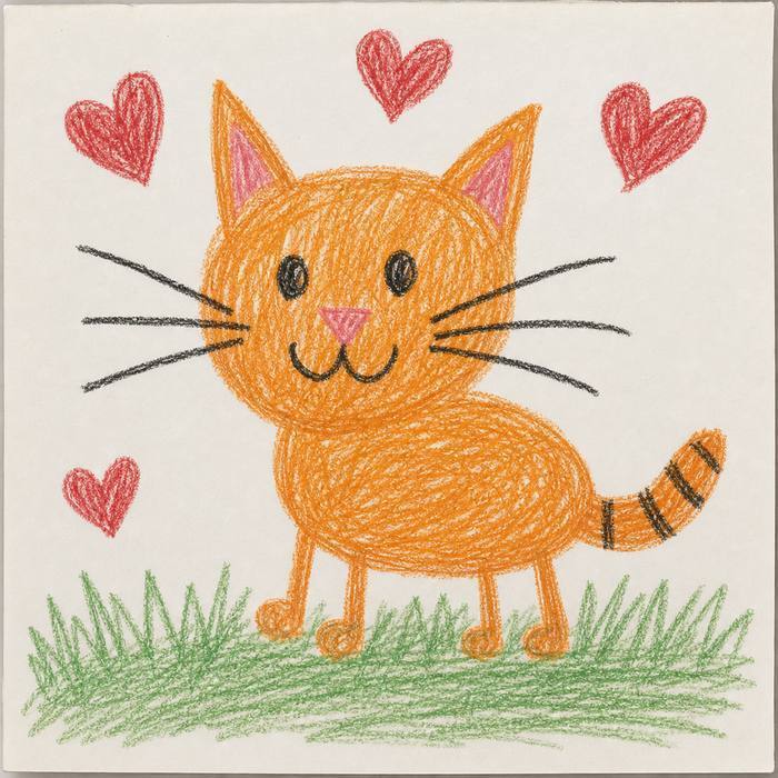 An orange crayon cat with long whiskers and hearts