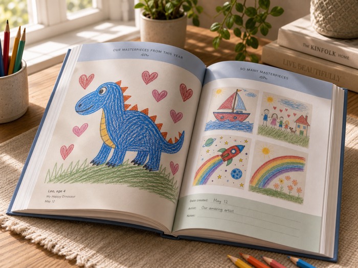 Design mockup of a hardcover spread with the dinosaur drawing full page and a printed caption